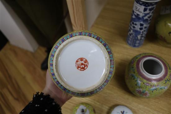 A Chinese enamelled biscuit vase, a blue and white sleeve vase and a pair of jars and covers sleeve vase 22cm